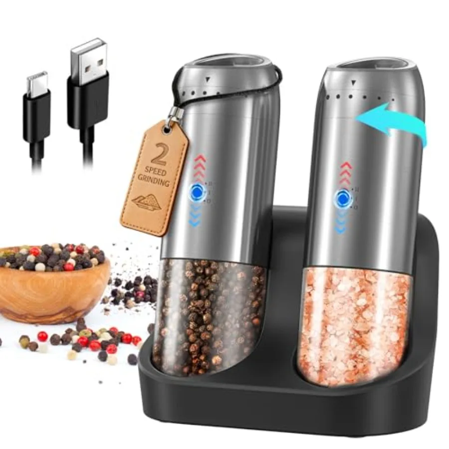 Rechargeable Stainless Steel Salt and Pepper Grinder Set with 2-Speed Control Adjustable Coarseness LED Light 176ml Large Ccity
Rechargeable Stainless Steel Salt and Pepper Grinder Set with 2-Speed Control Adjustable Coarseness LED Light 176ml Large Ccity