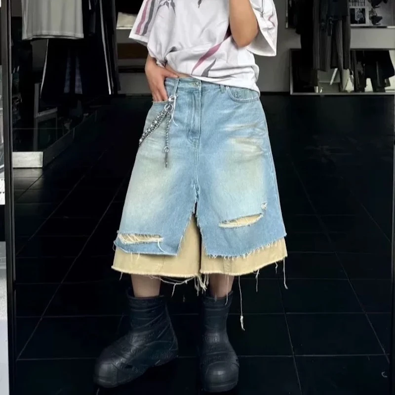 Streetwear y2k Mens Fake Two-piece Contrast-colored Denim Cropped Shorts Wash Patchwork Ripped Cargo Jeans Shorts Baggy
Streetwear y2k Mens Fake Two-piece Contrast-colored Denim Cropped Shorts Wash Patchwork Ripped Cargo Jeans Shorts Baggy