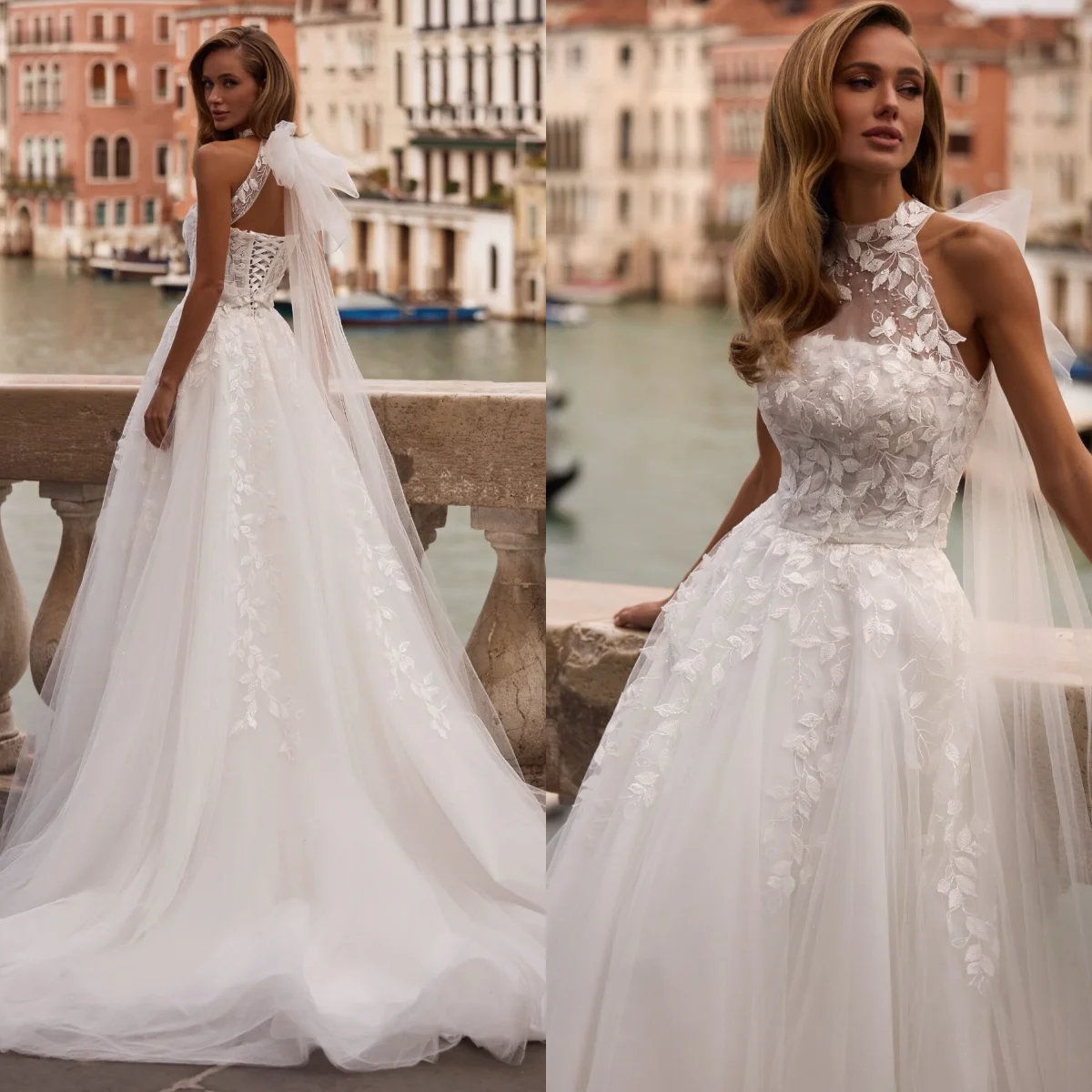 Halter Neck Wedding Dress A Line Sleeveless Tulle Lace Appliqued Bridal Gowns Customized
Halter Neck Wedding Dress A Line Sleeveless Tulle Lace Appliqued Bridal Gowns Customized
