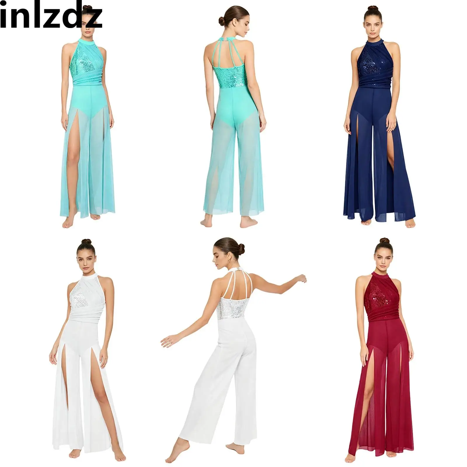 Women Modern Dance Bodysuit Halter Mock Neck Sleeveless Sequin Top Bodice Back Mesh Split Wide-leg One-piece
Women Modern Dance Bodysuit Halter Mock Neck Sleeveless Sequin Top Bodice Back Mesh Split Wide-leg One-piece