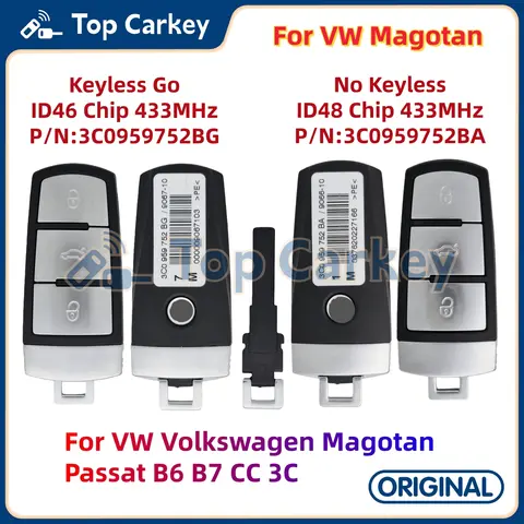 TopCarkey 3C0959752BA 3C0959752BG llave remota Original ID48 ID46 Chip 433MHz para VW Volkswagen Magotan Passat B6 B7 CC 3C