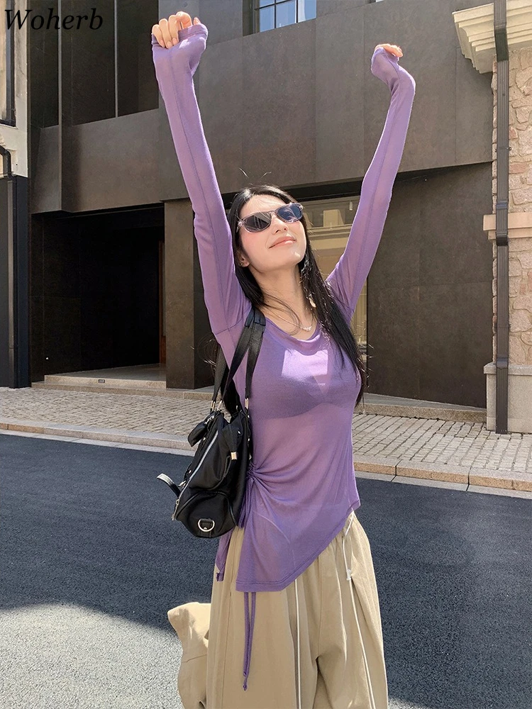 Sun Protection Woman Tshirts Irregular Drawstring SLong Sleeve Chic Solid Tops Summer Sexy See Through Fashion Korean T-shirt
Sun Protection Woman Tshirts Irregular Drawstring SLong Sleeve Chic Solid Tops Summer Sexy See Through Fashion Korean T-shirt
