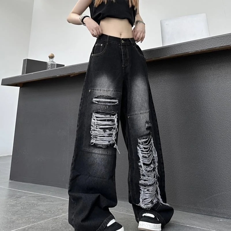 Women' Bottoms Vintage Black Hole High Waist Jeans Casual Straight Wide Leg Pants High Street Baggy Mopping Denim Trouser Female
Women' Bottoms Vintage Black Hole High Waist Jeans Casual Straight Wide Leg Pants High Street Baggy Mopping Denim Trouser Female
