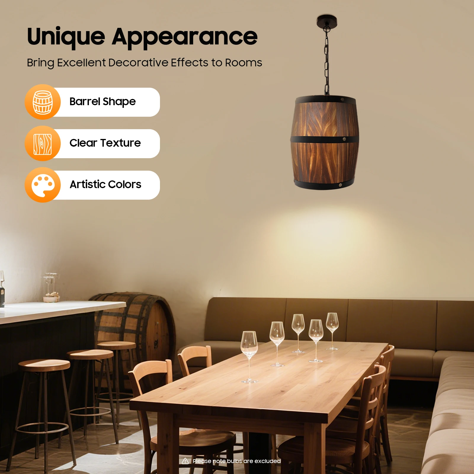 Bar Cafe Lights, Pendant Light, Chandelier, Vintage Wood Wine Barrel Pendant Lamp, E26 Base Bulb Not Included, 85-265V, 90cm UL Listed Chain, Adjustable Height, Rustic Iron Art Ceiling Light for Living Room Kitchen
Bar Cafe Lights, Pendant Light, Chandelier, Vintage Wood Wine Barrel Pendant Lamp, E26 Base Bulb Not Included, 85-265V, 90cm UL Listed Chain, Adjustable Height, Rustic Iron Art Ceiling Light for Living Room Kitchen