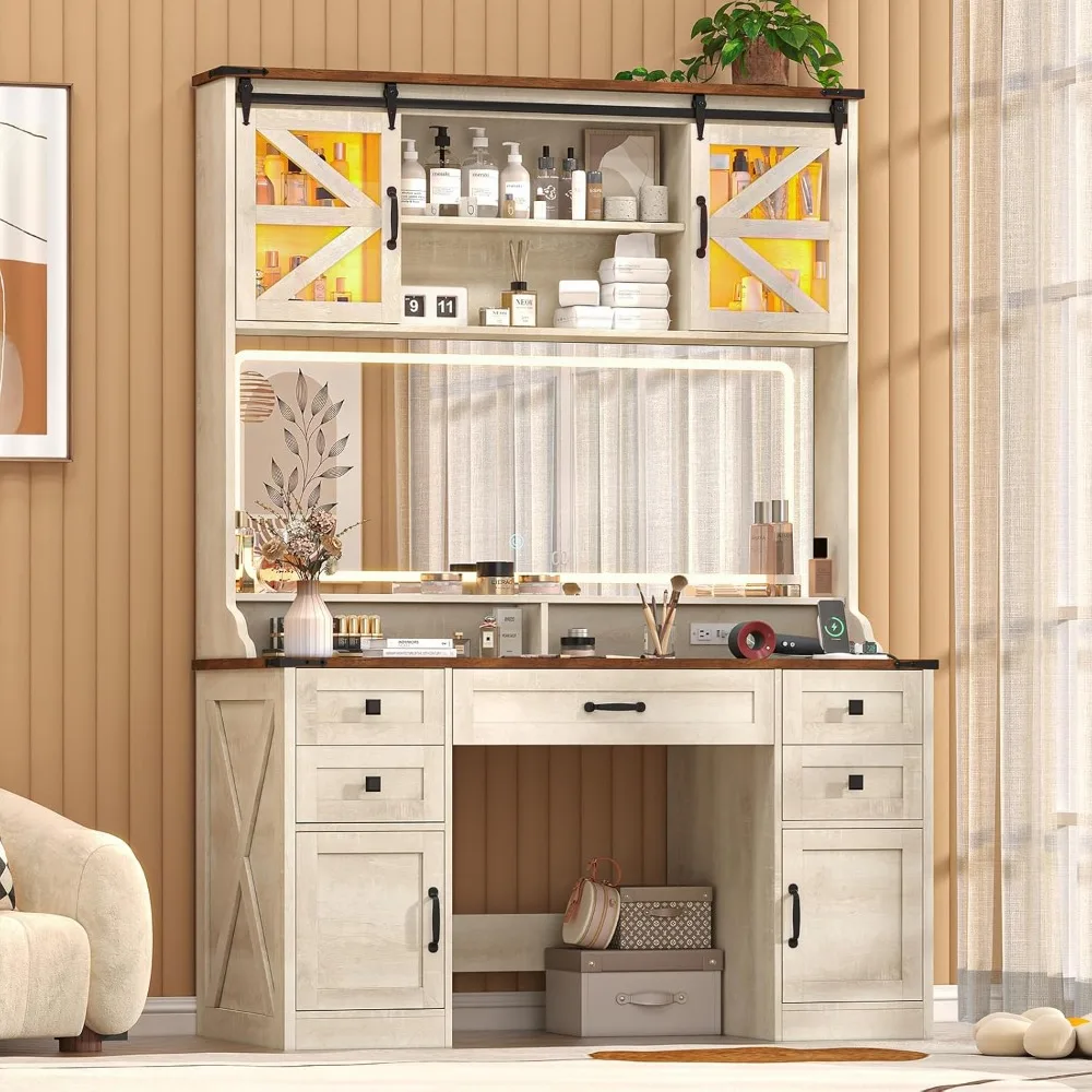 75.2" Farmhouse Vanity Desk with Mirror and Lights, Makeup Vanity Table with 5 Drawers & 2 Sliding RGB Door & Power Outlet,
75.2" Farmhouse Vanity Desk with Mirror and Lights, Makeup Vanity Table with 5 Drawers & 2 Sliding RGB Door & Power Outlet,