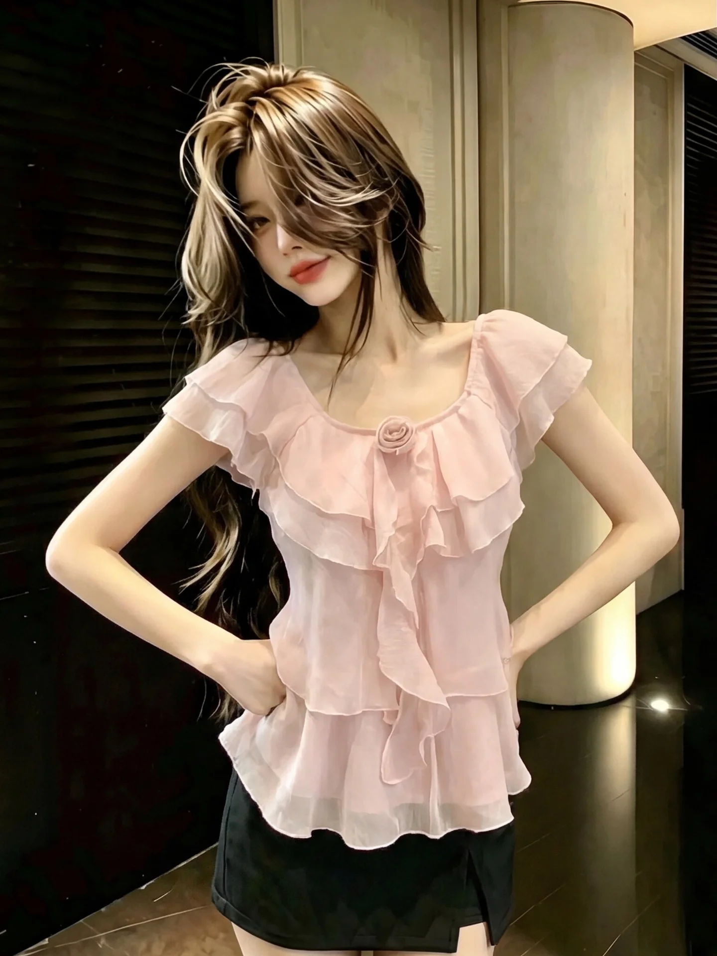 Pink 3D Rose Flower Square Collar Chiffon Top Women's Summer New Korean Style Fashion Lace Trimmed Flying Sleeve Blouse
Pink 3D Rose Flower Square Collar Chiffon Top Women's Summer New Korean Style Fashion Lace Trimmed Flying Sleeve Blouse