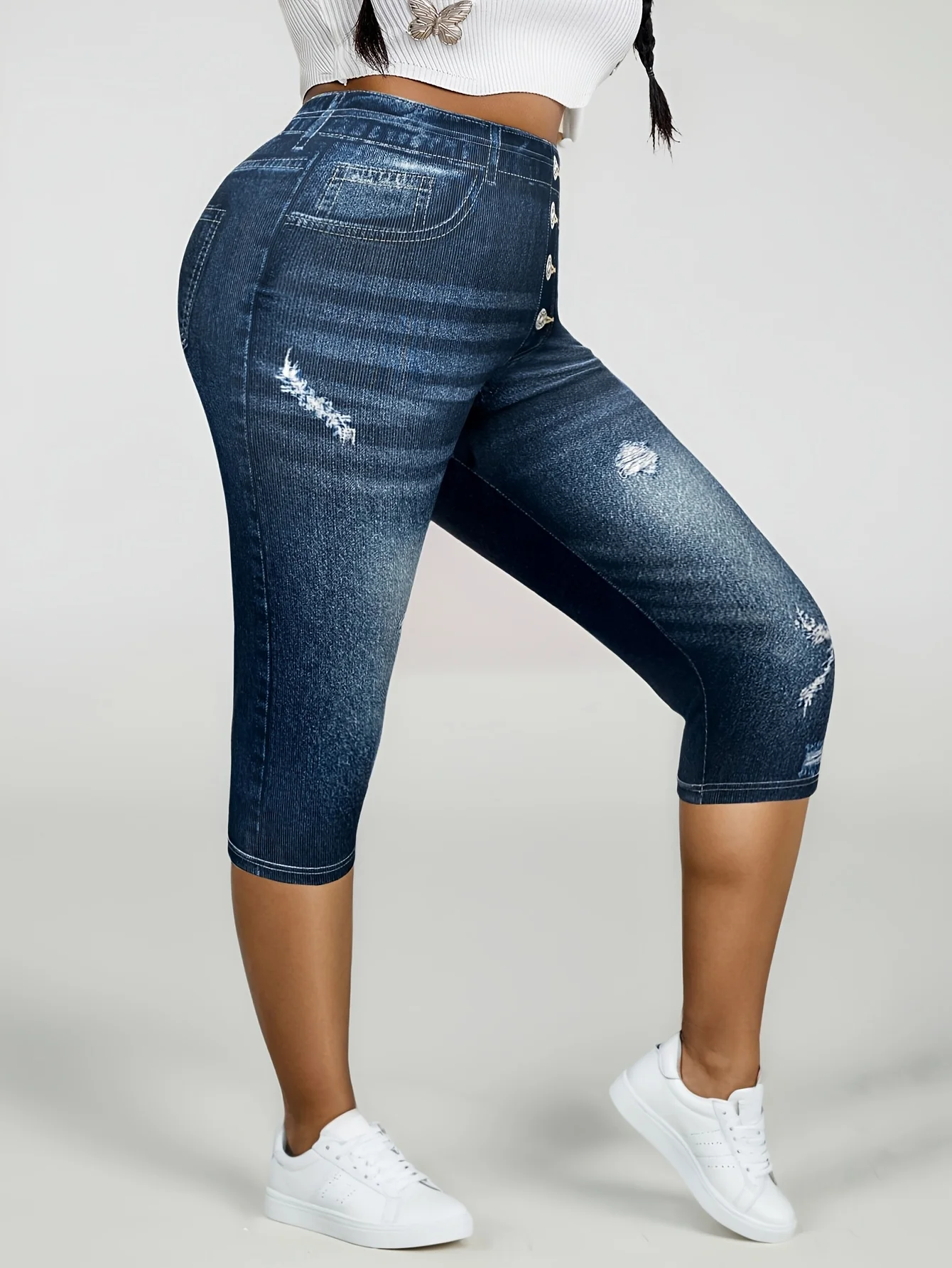 Plus Size Women's High Elastic 7/8 Length Denim Like Pants with Mock Buttons and Print Pattern Fashionable Casual Workout Pant
Plus Size Women's High Elastic 7/8 Length Denim Like Pants with Mock Buttons and Print Pattern Fashionable Casual Workout Pant