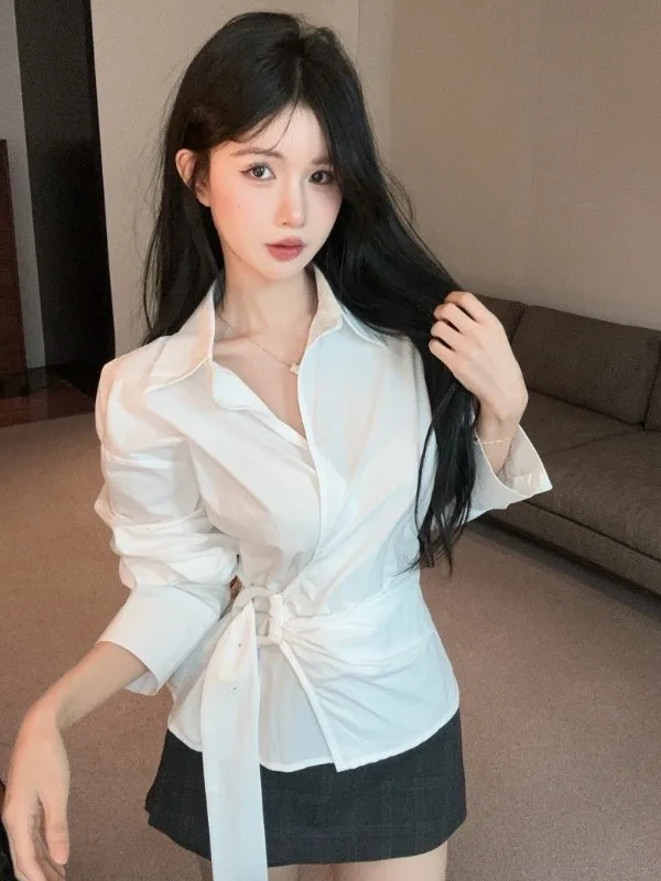 Sexy Spicy Girl Tie Waist Long Sleeve Shirt Autumn New Style Slimming Pleated Flip Collar Asymmetrical Design Top for Women
Sexy Spicy Girl Tie Waist Long Sleeve Shirt Autumn New Style Slimming Pleated Flip Collar Asymmetrical Design Top for Women