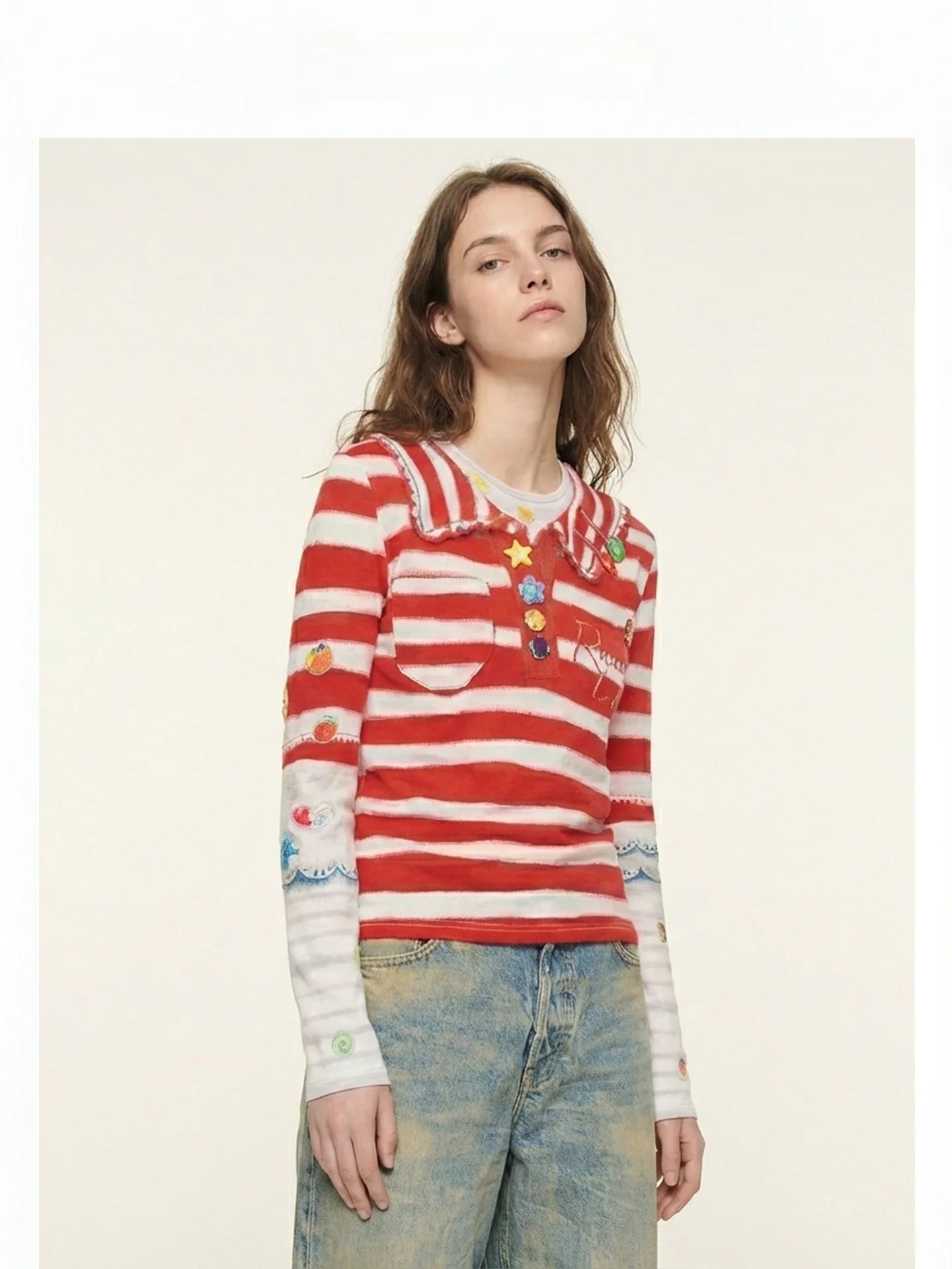 Red Year Long Sve T-irt Women's Stripe irt American Retro Sle Faux Two-Piece Spring Faion Ladies' Top
Red Year Long Sve T-irt Women's Stripe irt American Retro Sle Faux Two-Piece Spring Faion Ladies' Top