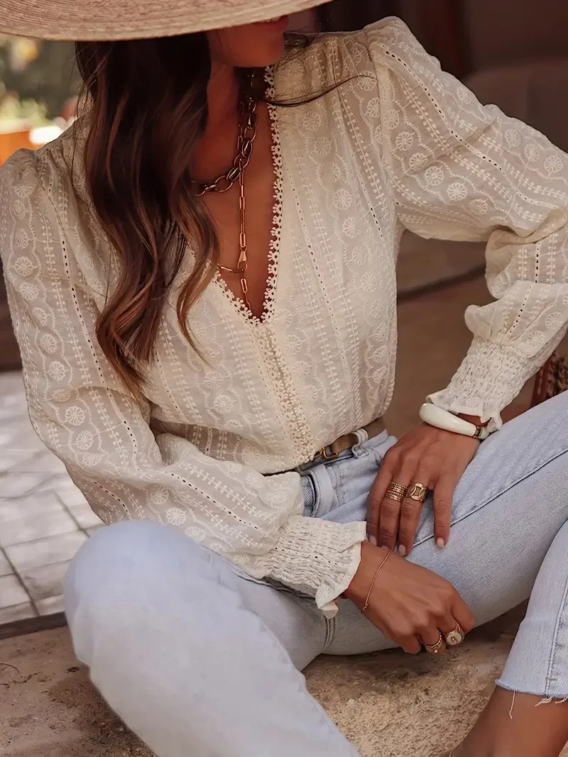 Women Blouse Lace Elegant Long Sleeve V Neck Women's Clothing Loose Fit Blouses Embroidered Lace Button Front Top Woman Shirt
Women Blouse Lace Elegant Long Sleeve V Neck Women's Clothing Loose Fit Blouses Embroidered Lace Button Front Top Woman Shirt
