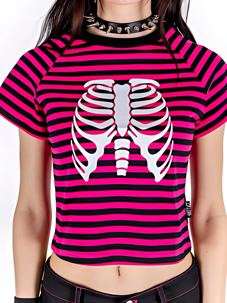 Y2K ретро Harajuku готическая полосатая женская футболка с принтом черепа летние поп-панк облегающие женские топы в стиле тысячелетия эмо
Y2K ретро Harajuku готическая полосатая женская футболка с принтом черепа летние поп-панк облегающие женские топы в стиле тысячелетия эмо