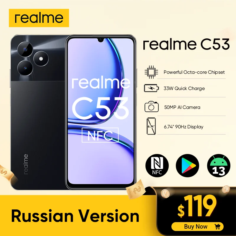 realme C53 Cellphone Octa Core Ultra Slim 33W SUPERVOOC Charge 5000mAh 50MP 6.74" HD 90 Hz Screen NFC Smartphone Mobile Phone
realme C53 Cellphone Octa Core Ultra Slim 33W SUPERVOOC Charge 5000mAh 50MP 6.74" HD 90 Hz Screen NFC Smartphone Mobile Phone