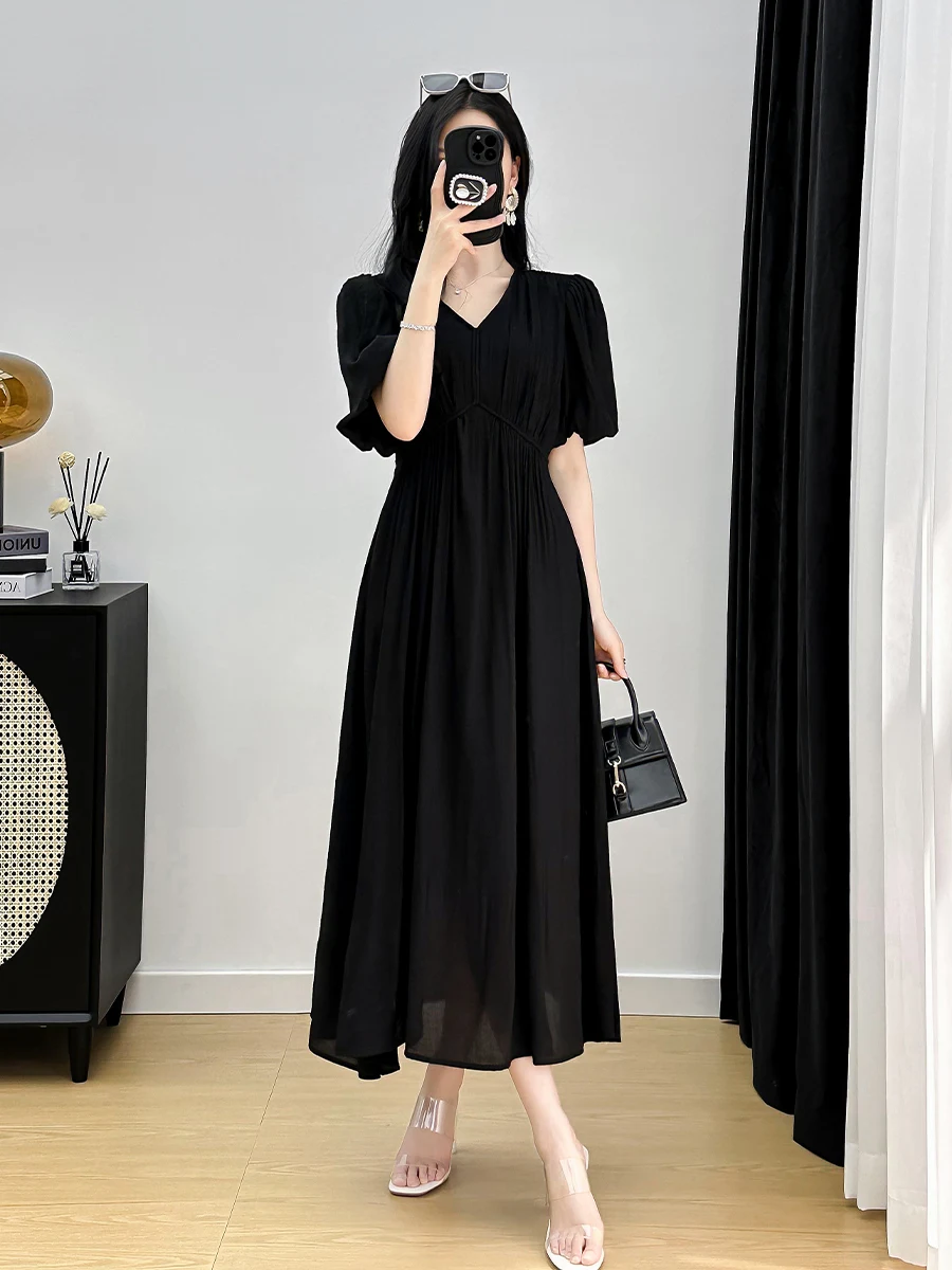Elegant Black Dress Women's Summer High Waist A-Line Dress Hepburn Style Pure Color Short Sleeve V-Neck Midi Dress
Elegant Black Dress Women's Summer High Waist A-Line Dress Hepburn Style Pure Color Short Sleeve V-Neck Midi Dress