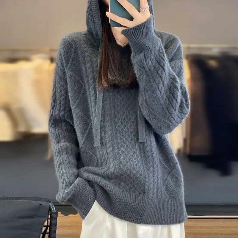 Hooded Thickened Women's Autumn Winter Solid Color Twisted Knitted Hoodie Loose Woolen Base Sweater
Hooded Thickened Women's Autumn Winter Solid Color Twisted Knitted Hoodie Loose Woolen Base Sweater