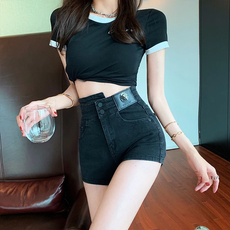 Black Denim Shorts Women's Summer High Waist Slim Fit A-line Straight All Match Bottoms Solid Color Asymmetric Design Hot Pants
Black Denim Shorts Women's Summer High Waist Slim Fit A-line Straight All Match Bottoms Solid Color Asymmetric Design Hot Pants