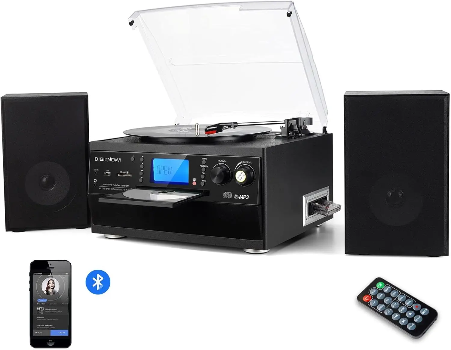 Bluetooth Turntable with Speakers, Vinyl to MP3 Converter, CD/Cassette/Radio Player, Remote Control
Bluetooth Turntable with Speakers, Vinyl to MP3 Converter, CD/Cassette/Radio Player, Remote Control