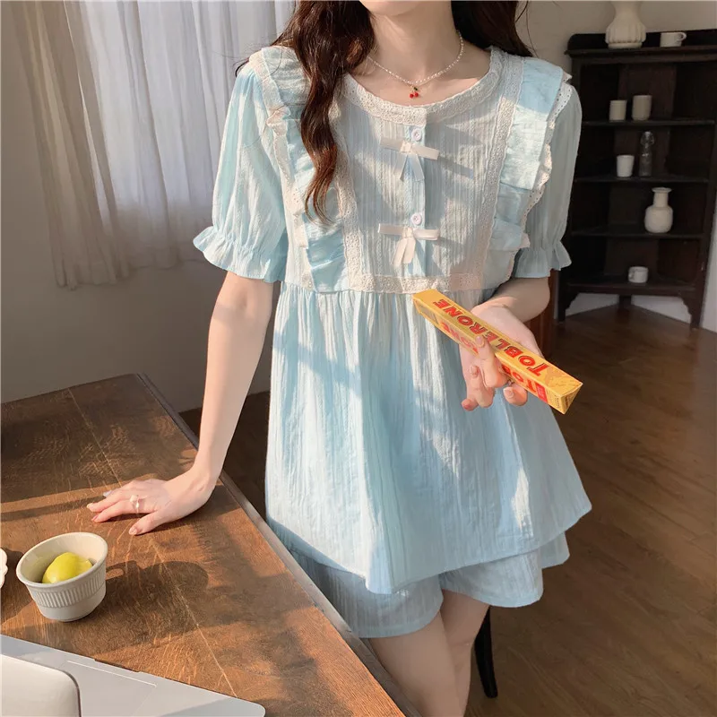Soft Home Spring Solid Short Sleeve Sweet Casual Kawaii Pajamas Set Women Lace Loli Loose Comfortable Ins O-Neck Vacation
Soft Home Spring Solid Short Sleeve Sweet Casual Kawaii Pajamas Set Women Lace Loli Loose Comfortable Ins O-Neck Vacation