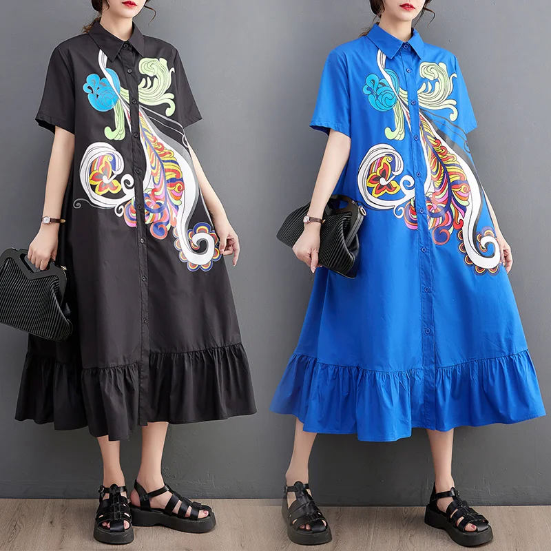 #3388 Summer Black Blue Flower Printed Long Shirt Dress Women Pockets Loose A-line Dress Short Sleeve Vintage Midi Dress Ruffles
#3388 Summer Black Blue Flower Printed Long Shirt Dress Women Pockets Loose A-line Dress Short Sleeve Vintage Midi Dress Ruffles