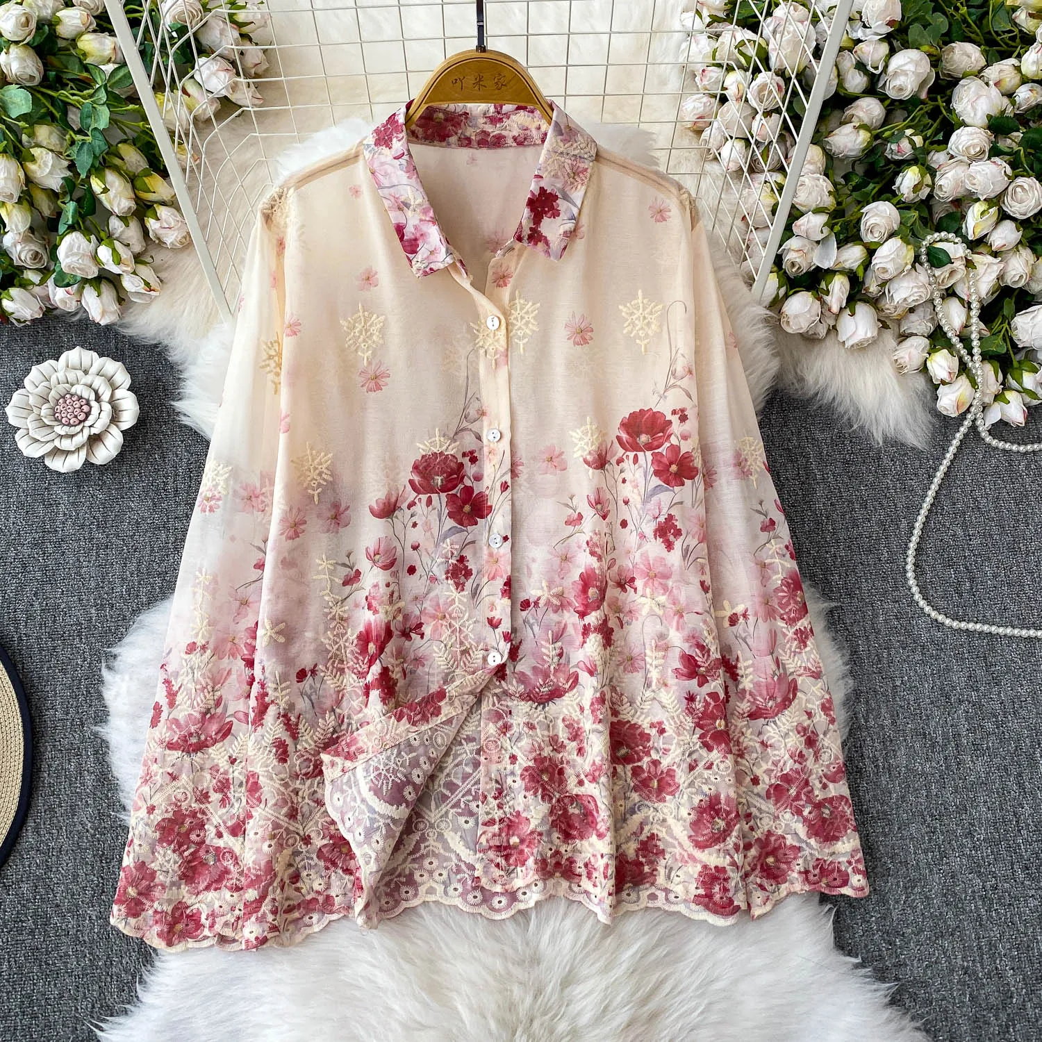 Summer Woman Flowers Embroidery Floral Printed Chiffon Shirts Long Sleeved Blouses Gauze Spliced Cardigan Single Breasted Tops
Summer Woman Flowers Embroidery Floral Printed Chiffon Shirts Long Sleeved Blouses Gauze Spliced Cardigan Single Breasted Tops