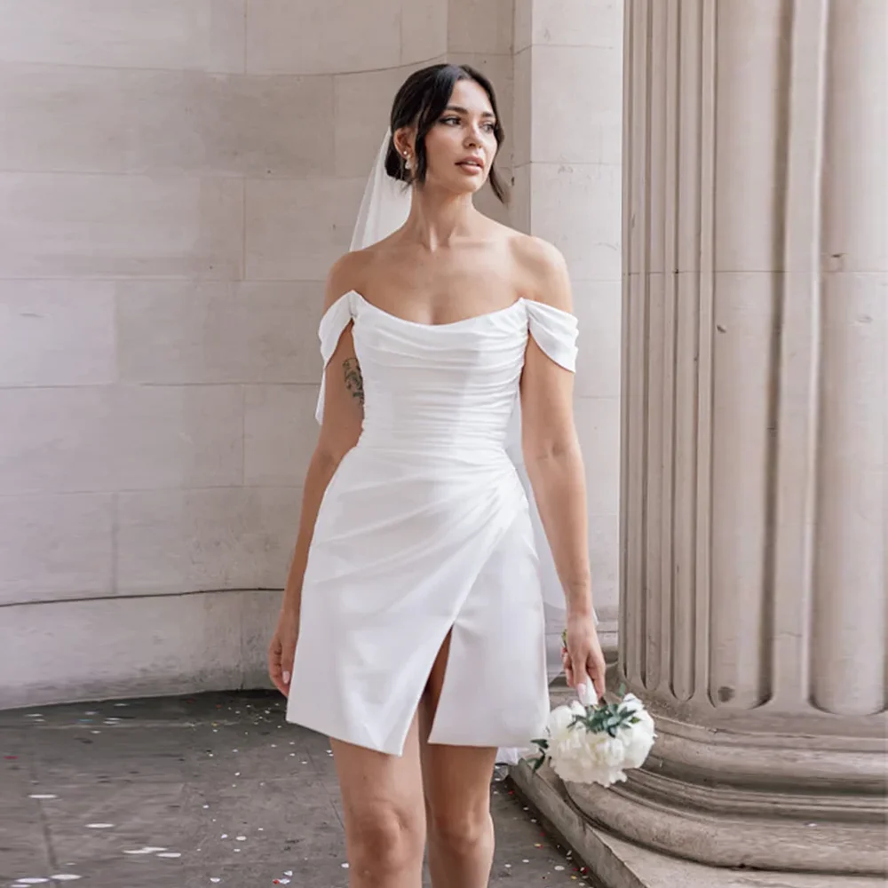 Simple Off-Shoulder Satin Pleated Short Mini Slit Prom Wedding Dress A-line Backless Prom Bridesmaid Gown Vestidos De Novia
Simple Off-Shoulder Satin Pleated Short Mini Slit Prom Wedding Dress A-line Backless Prom Bridesmaid Gown Vestidos De Novia