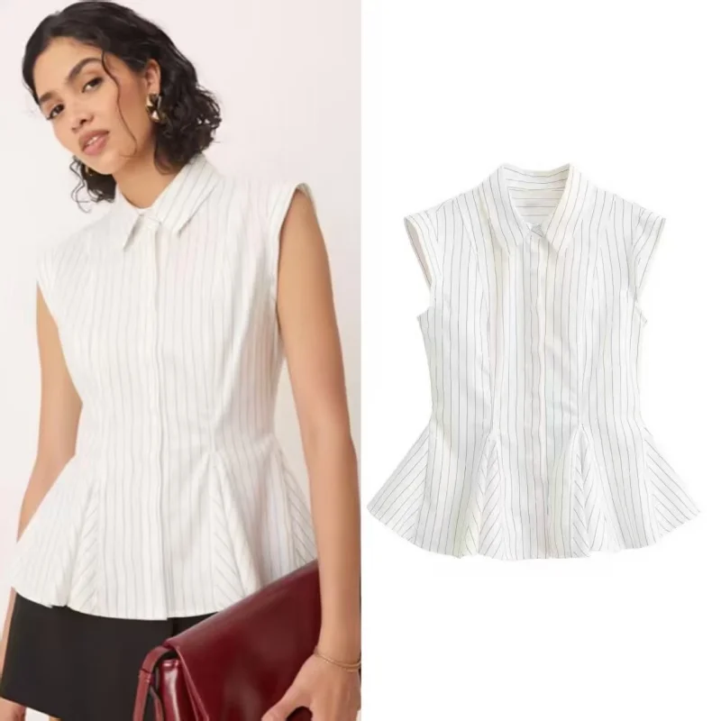 Women's Shirt 2026 New Trendy Summer And Spring Sleeveless Shirt With Black Vertical Stripes And A Turn-down Collar
Women's Shirt 2026 New Trendy Summer And Spring Sleeveless Shirt With Black Vertical Stripes And A Turn-down Collar