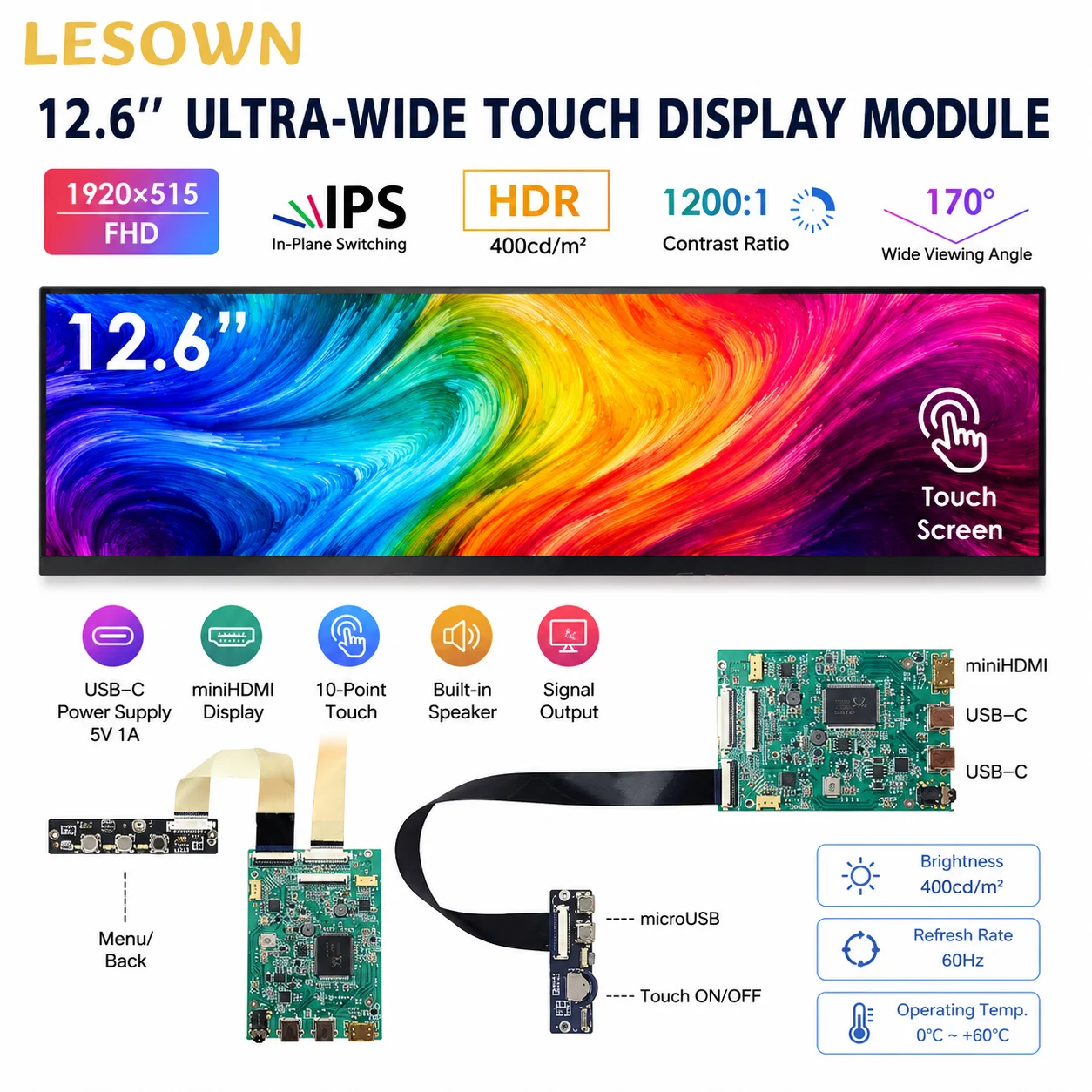 LESOWN 12.6 Inch LCD Screen with Driver Board 1920x515 Bar Display Module Plug and Play Mini HDTV Type-C 5V IPS Monitor Panel
LESOWN 12.6 Inch LCD Screen with Driver Board 1920x515 Bar Display Module Plug and Play Mini HDTV Type-C 5V IPS Monitor Panel