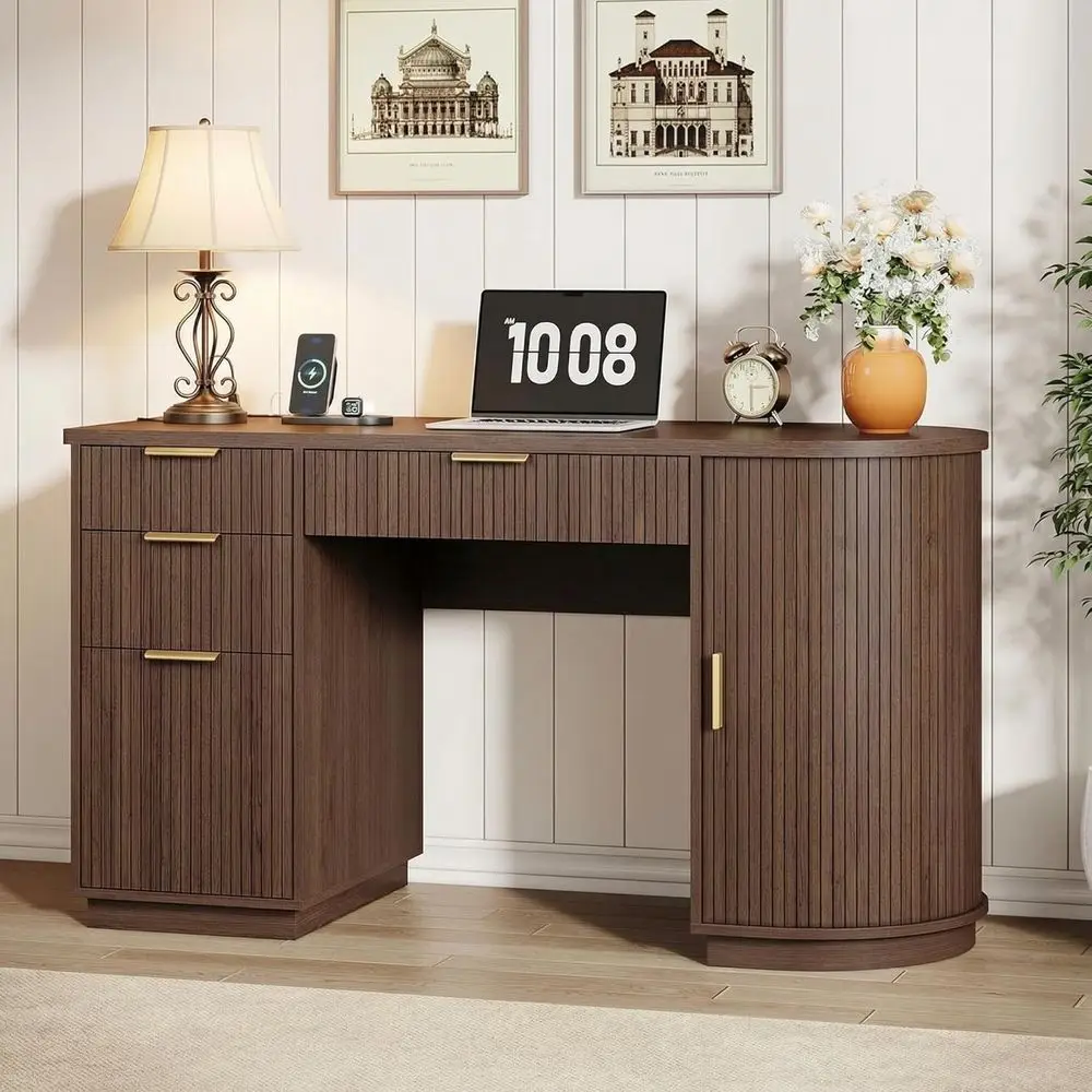 55 L-shaped Walnut Executive Desk with Drawers, Charging Station, and Storage Cabinet for Home Office
55 L-shaped Walnut Executive Desk with Drawers, Charging Station, and Storage Cabinet for Home Office