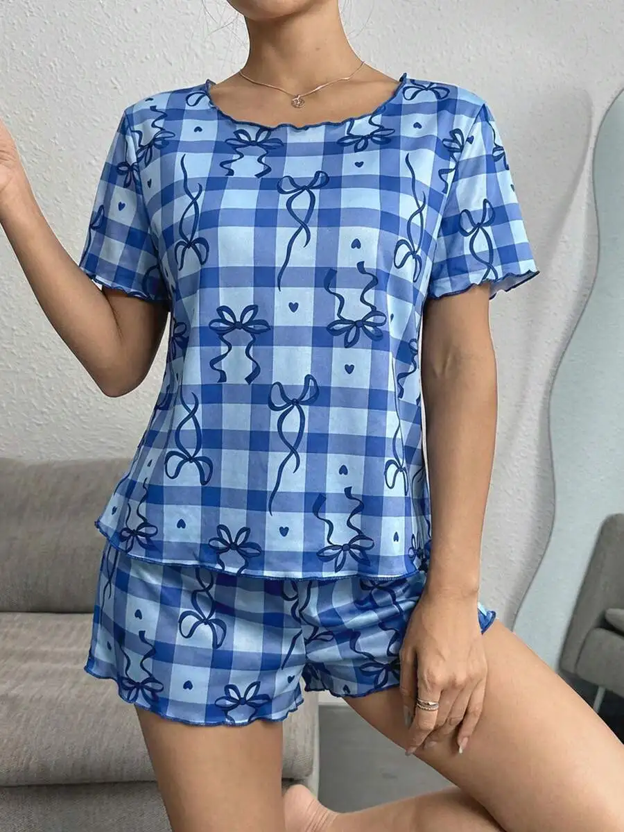 Blue Plaid Bow Print Casual Women Pajama Set With Quilted Hem
Blue Plaid Bow Print Casual Women Pajama Set With Quilted Hem