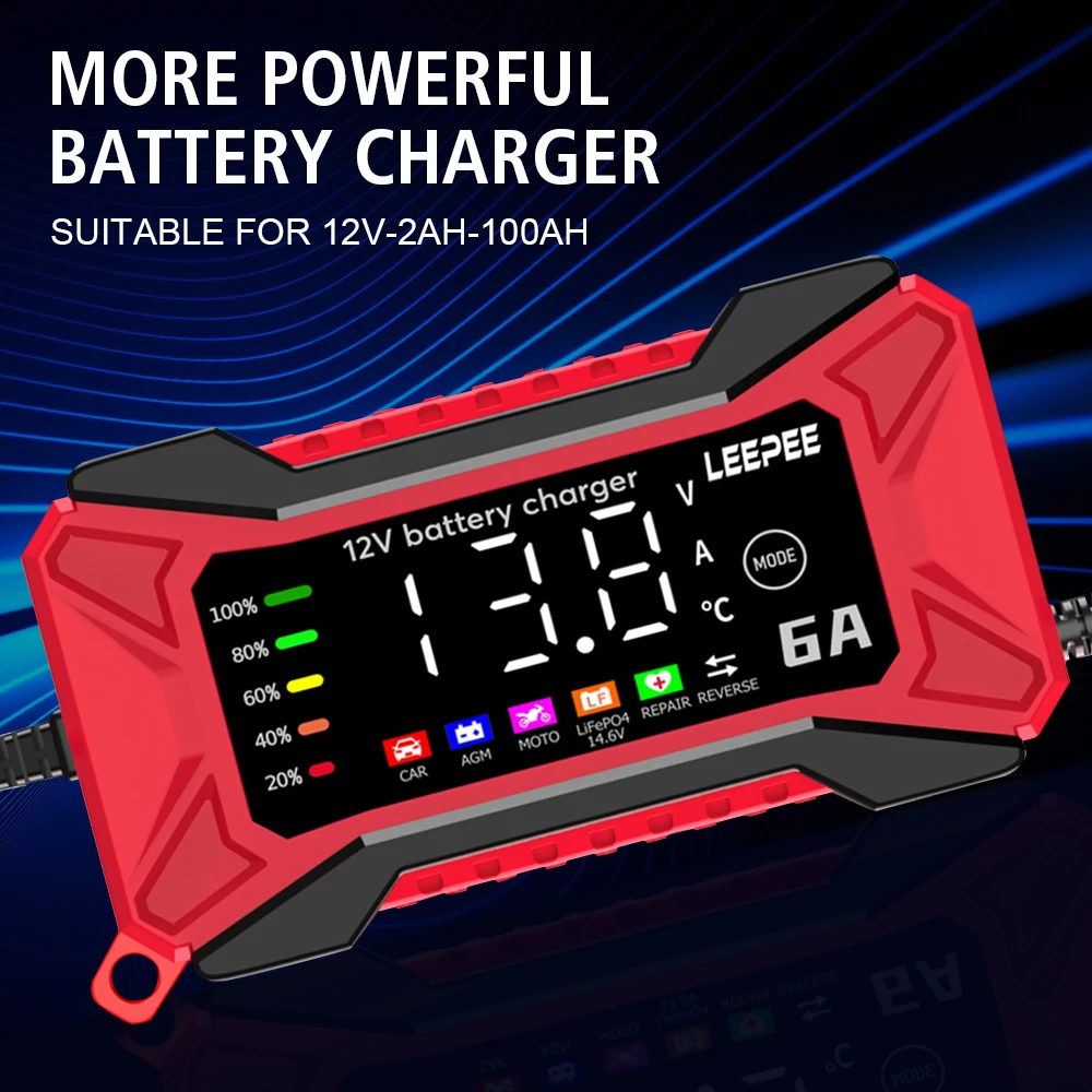 12V 6A Car Battery Charger Overvoltage Protection Digital LCD Display Voltage Temperature Detection Intelligent Pulse Repair
12V 6A Car Battery Charger Overvoltage Protection Digital LCD Display Voltage Temperature Detection Intelligent Pulse Repair