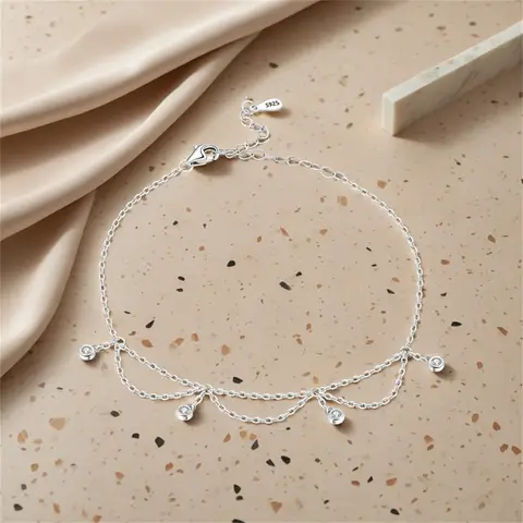 CYCUFF 925 Sterling Silver For Women Fashion Inlaid Stone Tassel Chain Anklet Classic Style Anklet Girls Original Party Jewelry