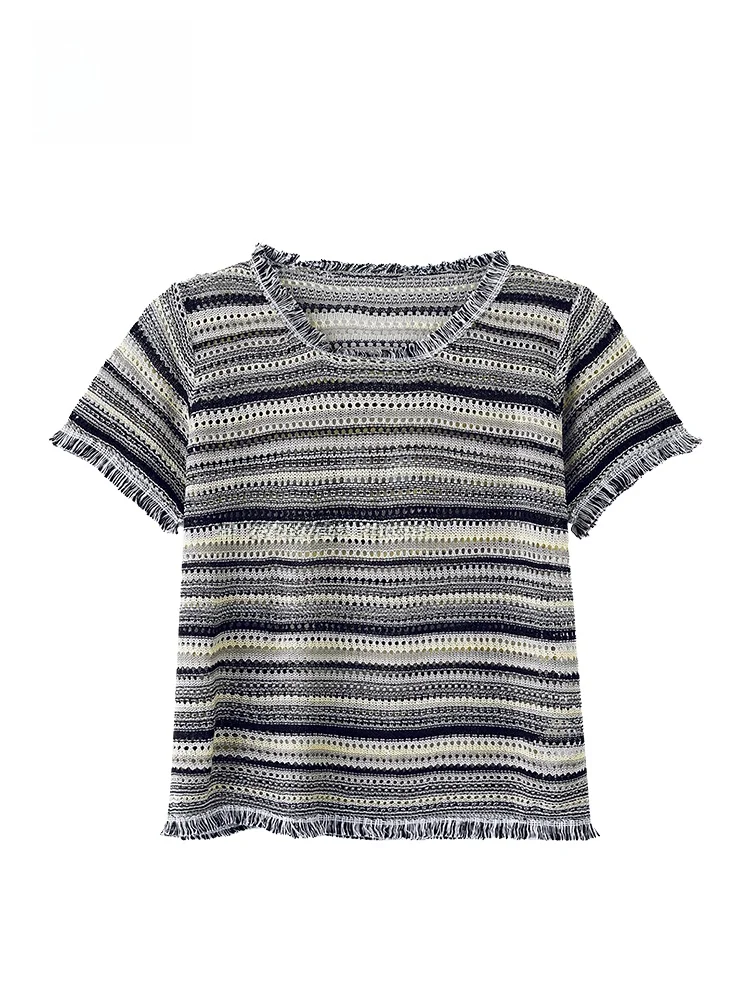 GOFAR Women's Knitted Short Sleeve T-Shirt Striped Commute Style Summer New Design Breathable Sweat Absorbent round Neck Top
GOFAR Women's Knitted Short Sleeve T-Shirt Striped Commute Style Summer New Design Breathable Sweat Absorbent round Neck Top