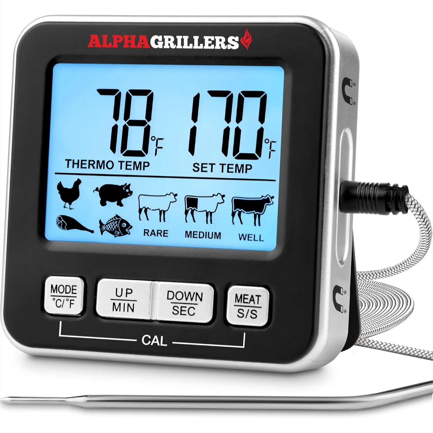 Digital Meat Thermometer with 7 Preset Alerts & Timer - Stainless Steel Probe for Grilling, BBQ, Oven Cooking
Digital Meat Thermometer with 7 Preset Alerts & Timer - Stainless Steel Probe for Grilling, BBQ, Oven Cooking