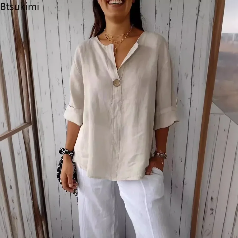 Spring Summer New Women's Cotton and Linen Blouses Fashion Solid V-neck Loose Casual Button T-shirts Elegant Pullover Women Tops
Spring Summer New Women's Cotton and Linen Blouses Fashion Solid V-neck Loose Casual Button T-shirts Elegant Pullover Women Tops