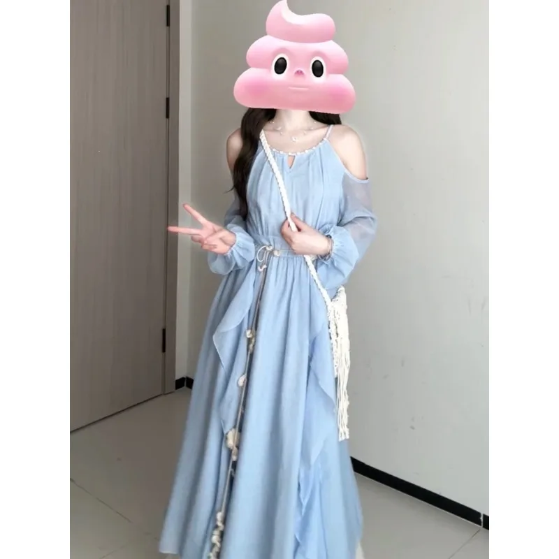 Blue French Seaside Vacation Long-sleeved Neck-hanging Off-the-shoulder Dress for Women' Summer Design Irregular Suspender Dress
Blue French Seaside Vacation Long-sleeved Neck-hanging Off-the-shoulder Dress for Women' Summer Design Irregular Suspender Dress