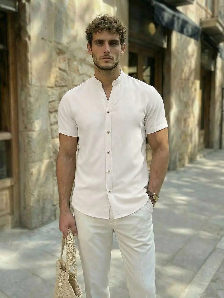 Men's Solid Color Short Sleeve Button-Down Shirt with Mandarin Collar, Lightweight Casual Wear for Summer
Men's Solid Color Short Sleeve Button-Down Shirt with Mandarin Collar, Lightweight Casual Wear for Summer
