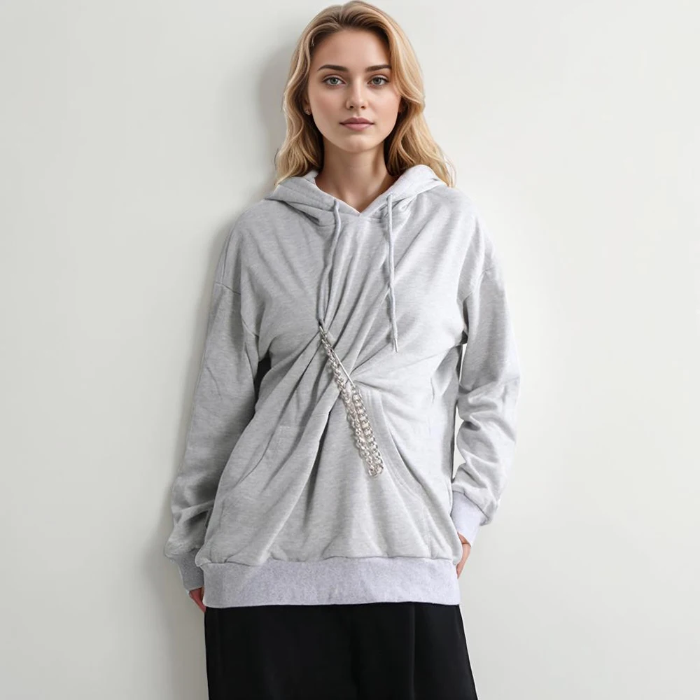 Patchwork Chain Solid Sweatshirt For Women Hooded Long Sleeve Spliced Folds Casual Loose Sweatshirts Female Fashion Style
Patchwork Chain Solid Sweatshirt For Women Hooded Long Sleeve Spliced Folds Casual Loose Sweatshirts Female Fashion Style