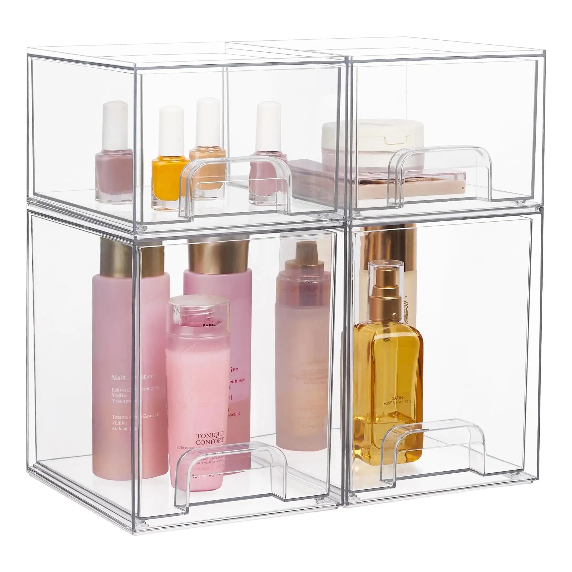 Stackable Storage Drawers Set of 4,Clear Plastic Organizer Bins for Makeup, Cosmetics, Beauty Supplies
Stackable Storage Drawers Set of 4,Clear Plastic Organizer Bins for Makeup, Cosmetics, Beauty Supplies