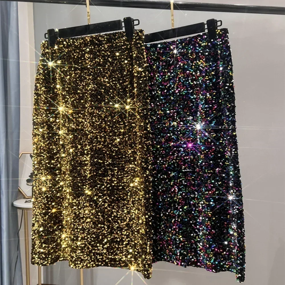 European and American women's mid-length skirt high-end shiny elastic waist zipper sequins shiny party skirt
European and American women's mid-length skirt high-end shiny elastic waist zipper sequins shiny party skirt