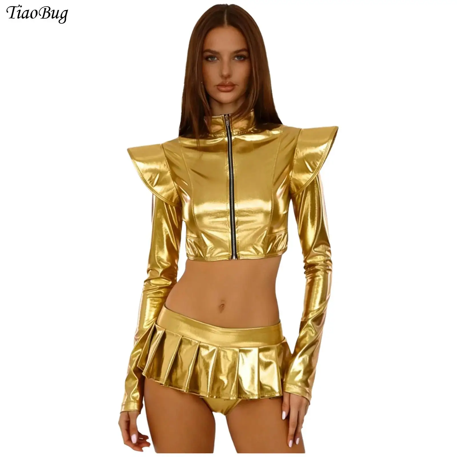 Womens Metallic Shiny Outfit Raves Party Disco Performance Long Sleeve Iridescent Crop Jacket Outerwear And Mini Skirt Culottes
Womens Metallic Shiny Outfit Raves Party Disco Performance Long Sleeve Iridescent Crop Jacket Outerwear And Mini Skirt Culottes
