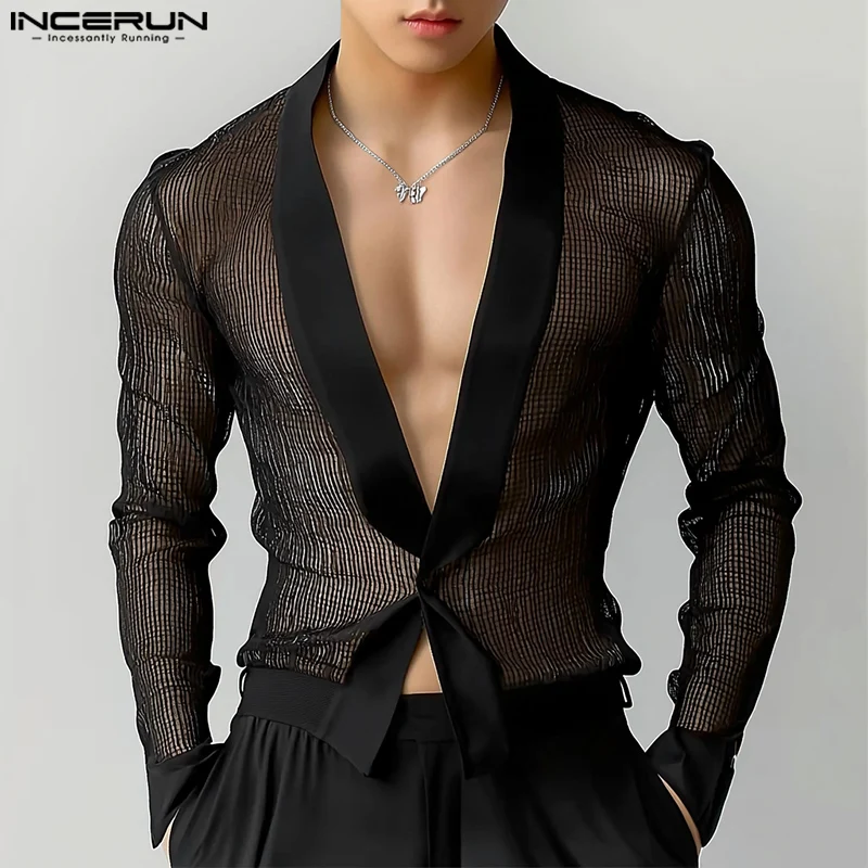 Summer Spring Tops INCERUN Fashion Hollow Out Mesh Streetwear Solid Color Men Shirts Long Sleeve Party V Neck Men's Clothing
Summer Spring Tops INCERUN Fashion Hollow Out Mesh Streetwear Solid Color Men Shirts Long Sleeve Party V Neck Men's Clothing