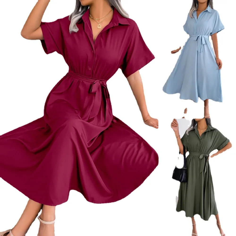 Real summer Europe and the United States casual loose pure color lace-up shirt skirt long dress women
Real summer Europe and the United States casual loose pure color lace-up shirt skirt long dress women