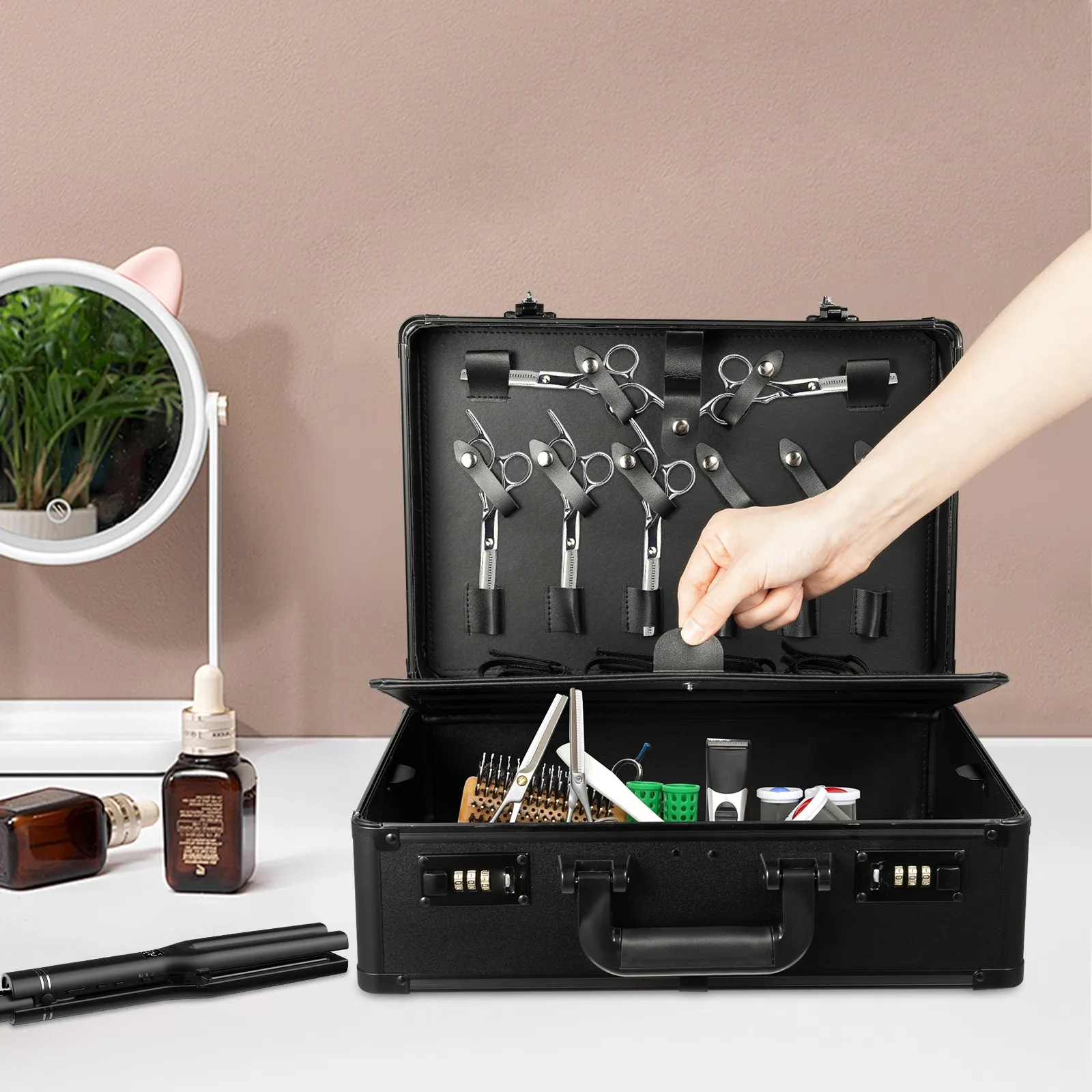 Professional Barber Toolbox Large Capacity Storage Case Aluminum Alloy Frame, Fireproof Board, Portable, Secure Combination Lock
Professional Barber Toolbox Large Capacity Storage Case Aluminum Alloy Frame, Fireproof Board, Portable, Secure Combination Lock