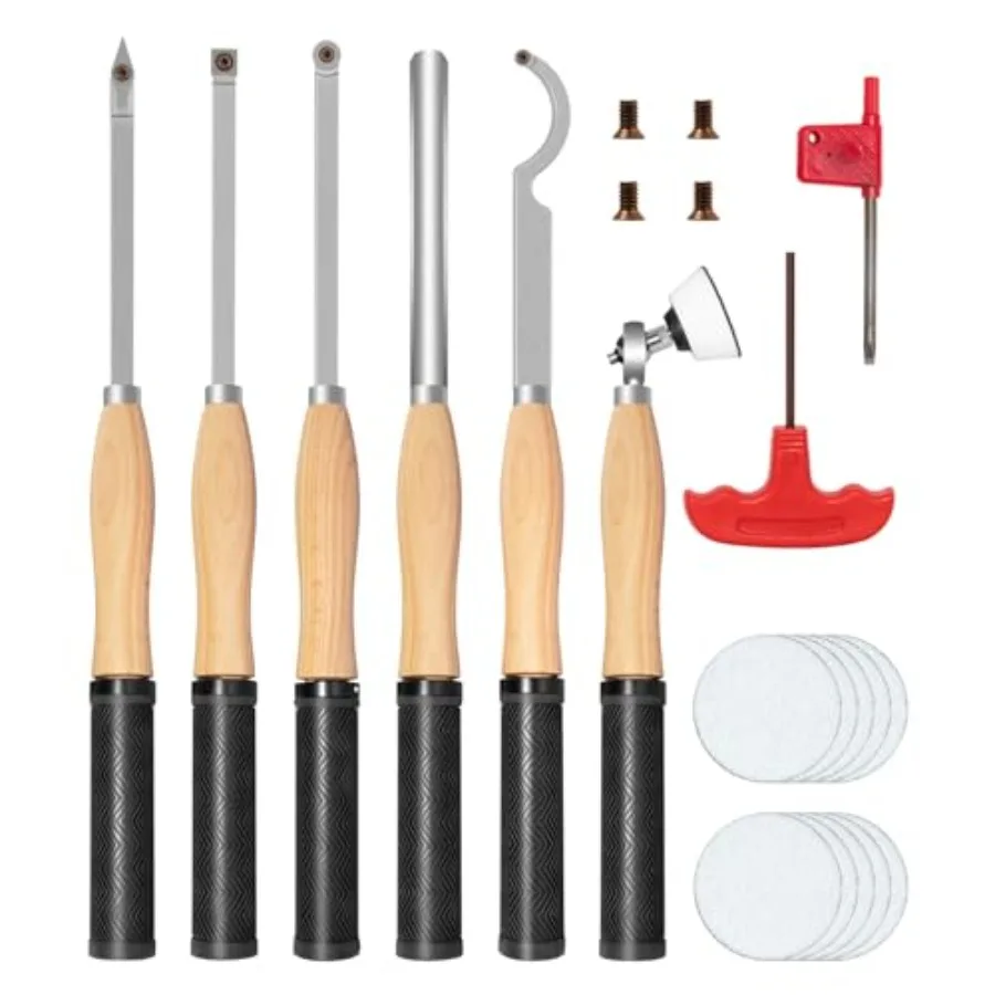 Carbide Tipped Wood Lathe Turning Tools Set with Non-Slip Rubber Handles, Includes 4 Lathe Chisels, 1 HSS Roughing Gouge and 1
Carbide Tipped Wood Lathe Turning Tools Set with Non-Slip Rubber Handles, Includes 4 Lathe Chisels, 1 HSS Roughing Gouge and 1
