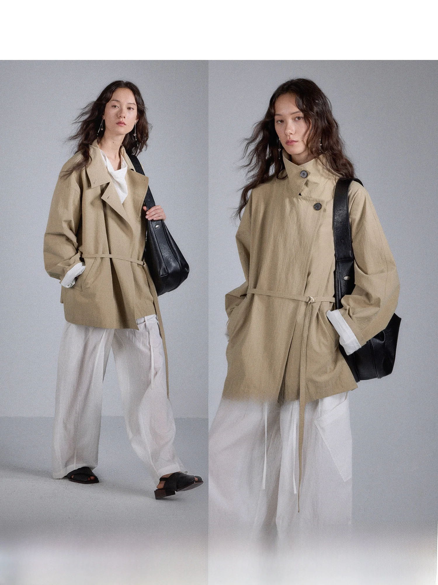 AMOR Foggy City Traveler Women's Short Coat Jacket Loose Fit Stand Collar Side Buttoned Waist Tie Casual Style Windbreaker
AMOR Foggy City Traveler Women's Short Coat Jacket Loose Fit Stand Collar Side Buttoned Waist Tie Casual Style Windbreaker