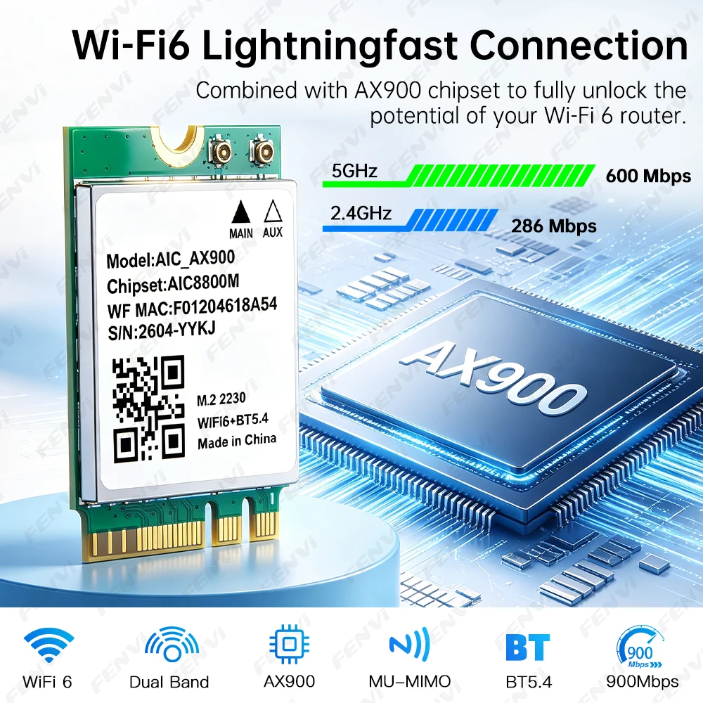 WiFi 6 AX900 M.2 WiFi Card Dual-Band 2.4G/5.8GHz Bluetooth 5.4 802.11AX Wireless High Speed Network Card for Win 10/11 Laptop/PC
WiFi 6 AX900 M.2 WiFi Card Dual-Band 2.4G/5.8GHz Bluetooth 5.4 802.11AX Wireless High Speed Network Card for Win 10/11 Laptop/PC