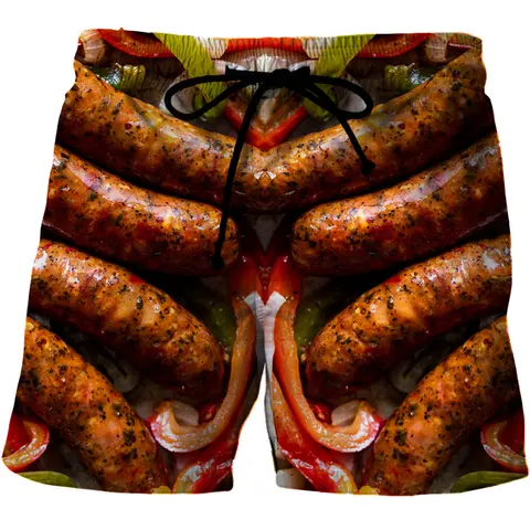 New Gourmet Food Graphic Beach Grilled Sausage Shorts For Men 3D Printed Sausage Boardshorts Men Women Meat Sausage Short Pants