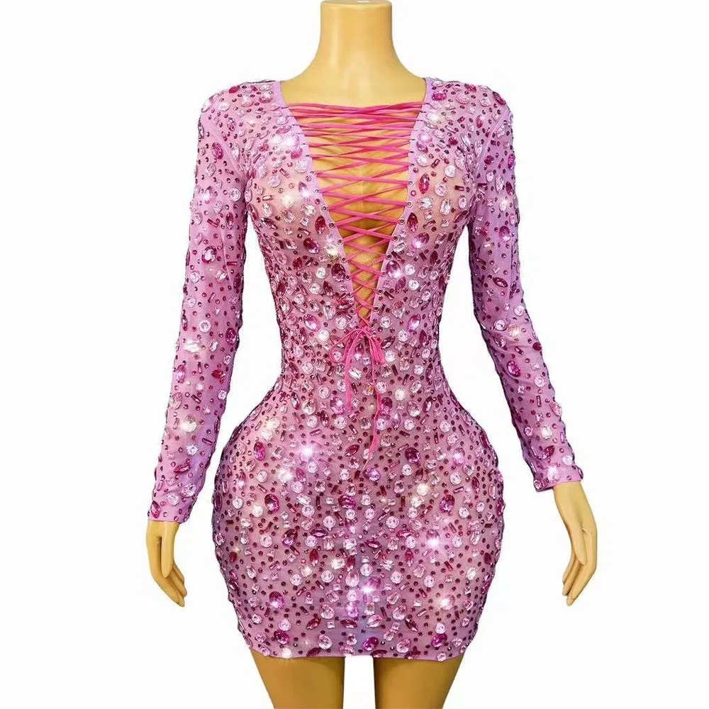 Sexy Pink Twinkling Rhinestones V-neck Bandage Trim fit Dress Birthday Party Show Photoshoot Costume Holiday Outfit Stage Wear
Sexy Pink Twinkling Rhinestones V-neck Bandage Trim fit Dress Birthday Party Show Photoshoot Costume Holiday Outfit Stage Wear