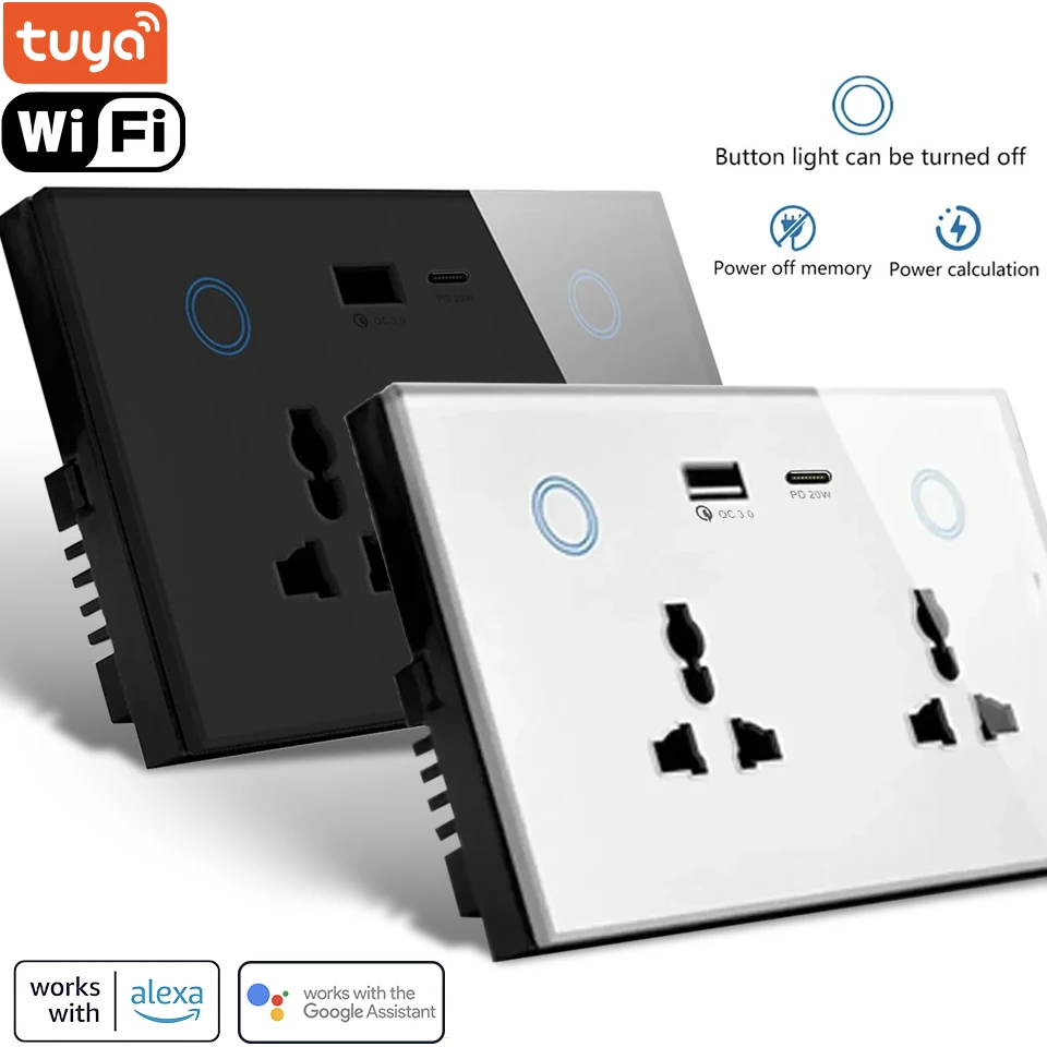 Tuya Wifi 147 Wall Socket USB & Type-C Universal Electrical Power Plug Outlet 13A Touch Switch Remote by Alexa Google Home
Tuya Wifi 147 Wall Socket USB & Type-C Universal Electrical Power Plug Outlet 13A Touch Switch Remote by Alexa Google Home