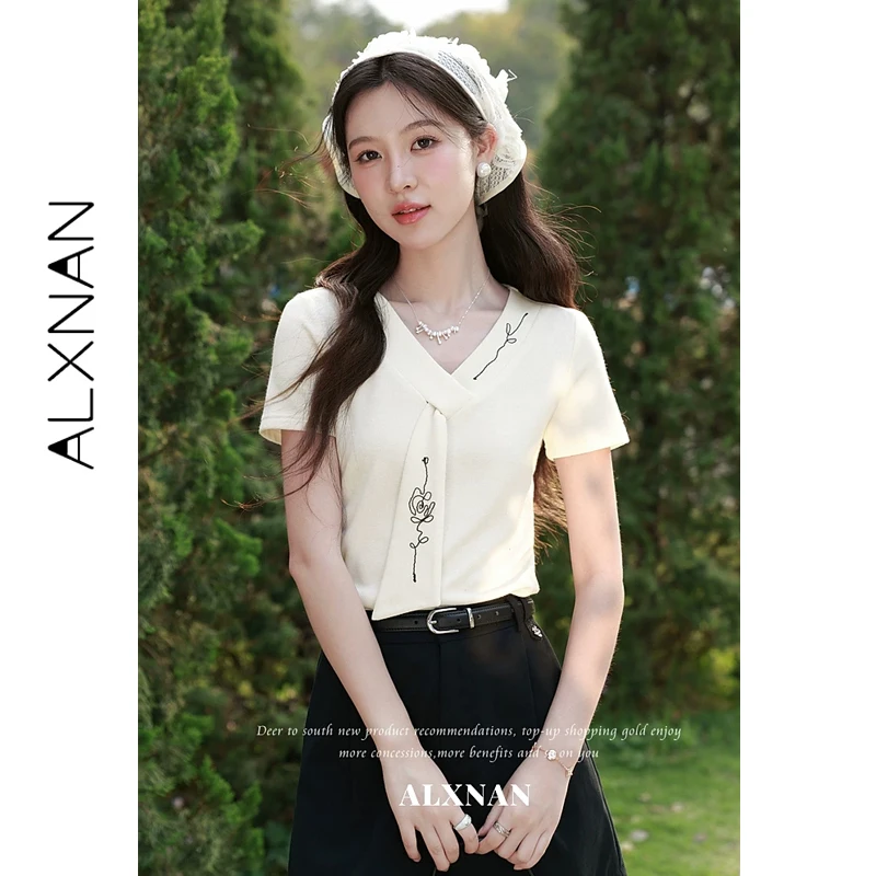 ALXNAN Women's T-shirt Asymmetrical V-neck Rose Embroidery Ribbon Short Sleeve Top Waist Ruched Slim Fit Female Clothing L63629
ALXNAN Women's T-shirt Asymmetrical V-neck Rose Embroidery Ribbon Short Sleeve Top Waist Ruched Slim Fit Female Clothing L63629