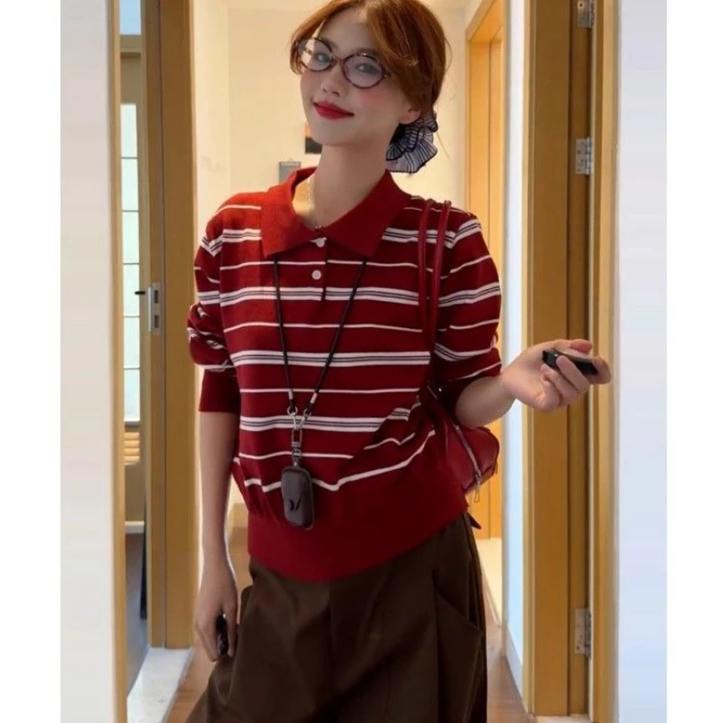 Vintage Red Striped Knitted Pullover Women Korean Style Collar Tops Harajuku Y2k Retro Loose Long Sleeve Sweaters
Vintage Red Striped Knitted Pullover Women Korean Style Collar Tops Harajuku Y2k Retro Loose Long Sleeve Sweaters